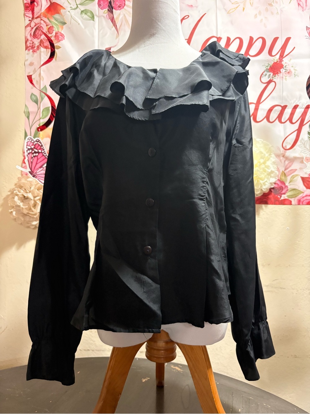 jonathan martin Black Silk Top with Floral Embroidered Label